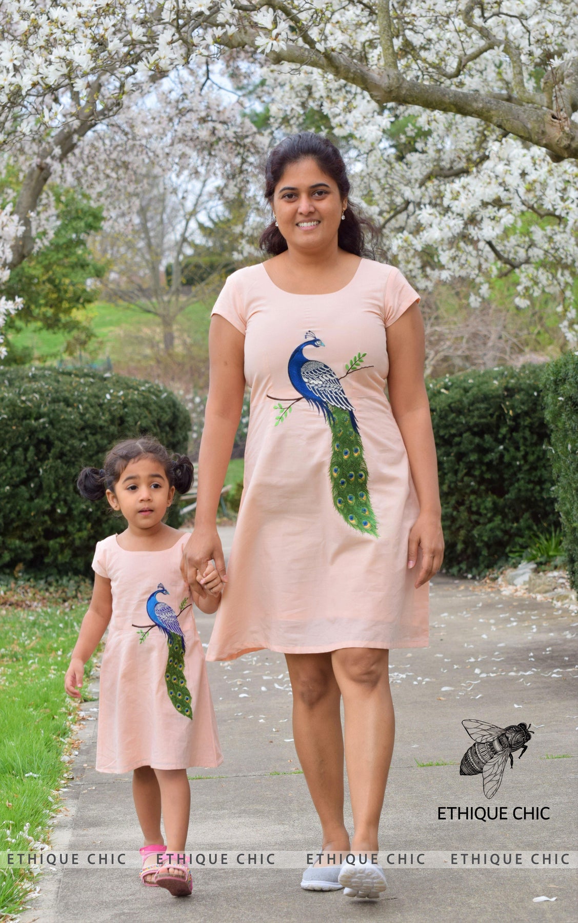 Custom Fit Organic Cotton Peach A-Line Dress with detailed Peacock  Embroidery – Ethique Chic